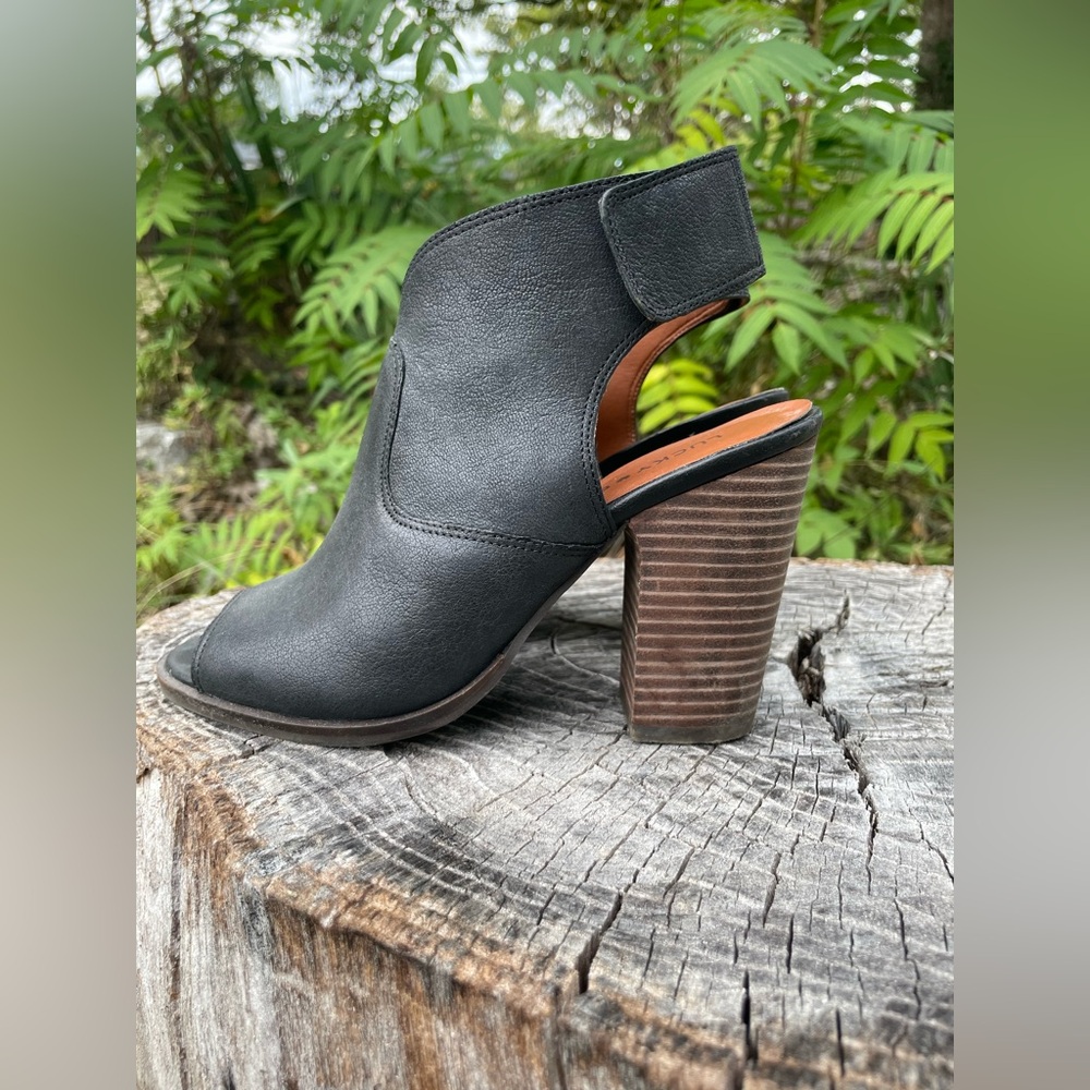 Lucky Brand Black Leather Ankle Velcro Strap Heels